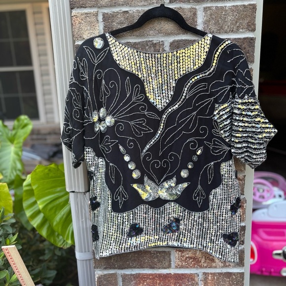 Vintage 80s Sequin Silk Top Black Silver Beaded Party Blouse S - Picture 2 of 10